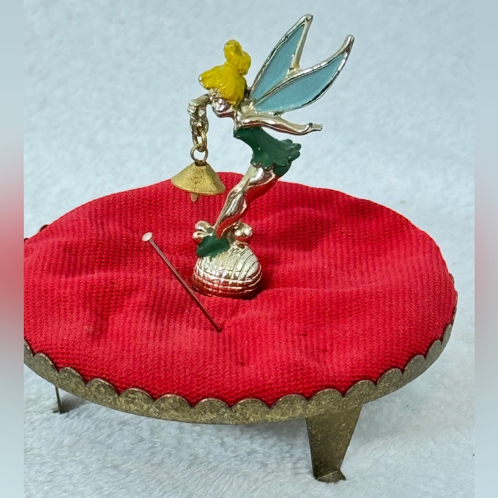 Vintage Disney Tinkerbell Figurine 1960’s Red Pin Cushion Gold Metal Base